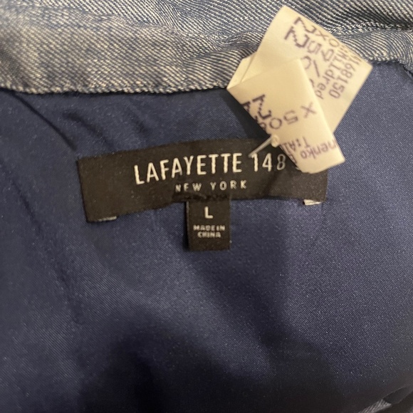 Lafayette 148 New York Blue Denim Pattern Rudy Linen Belted High Low Shift Dress - Picture 9 of 9